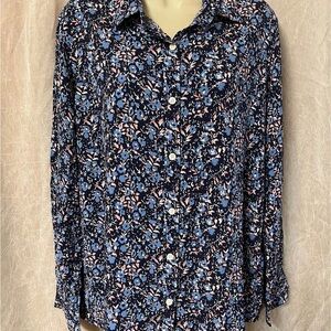 Sears Navy and Light Pink Floral Button-Down Shirt